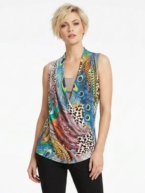 Julian Chang Animal Peacock Print Plunge Top M